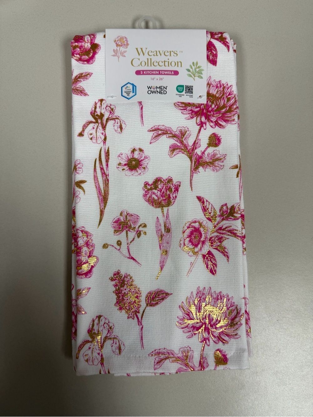 WC Pink White Gold Metallic Floral Cotton Tea Kitchen Towels 2pk